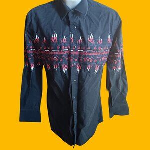 Vintage Medium Western Shirt Brooks & Dunn Black Cowboy Snap-Up Flame Print 90s